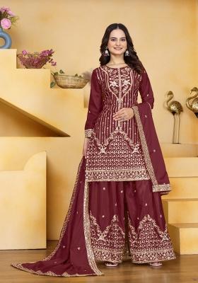 Maroon Sequin Work Natural Crepe Kurta Set