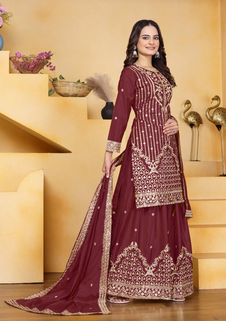 Maroon Sequin Work Natural Crepe Kurta Set - Indya