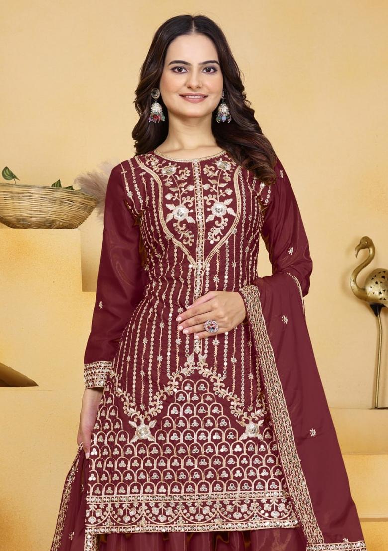 Maroon Sequin Work Natural Crepe Kurta Set - Indya