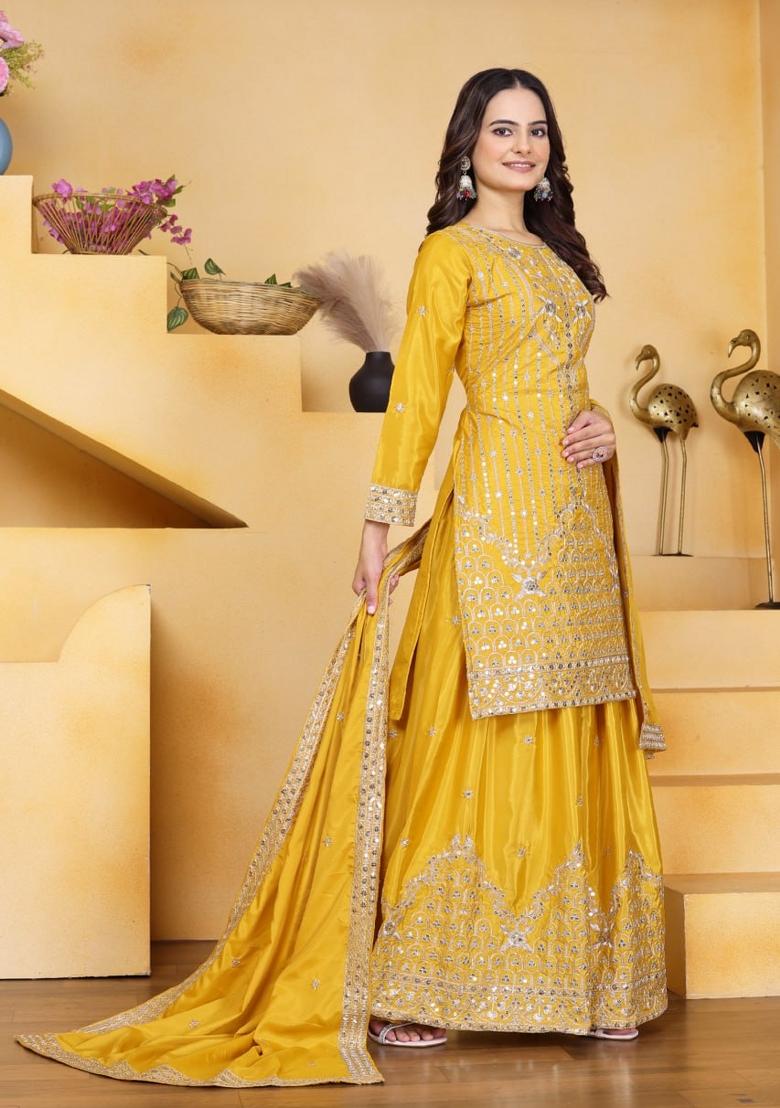 Yellow Sequin Work Natural Crepe Kurta Set - Indya