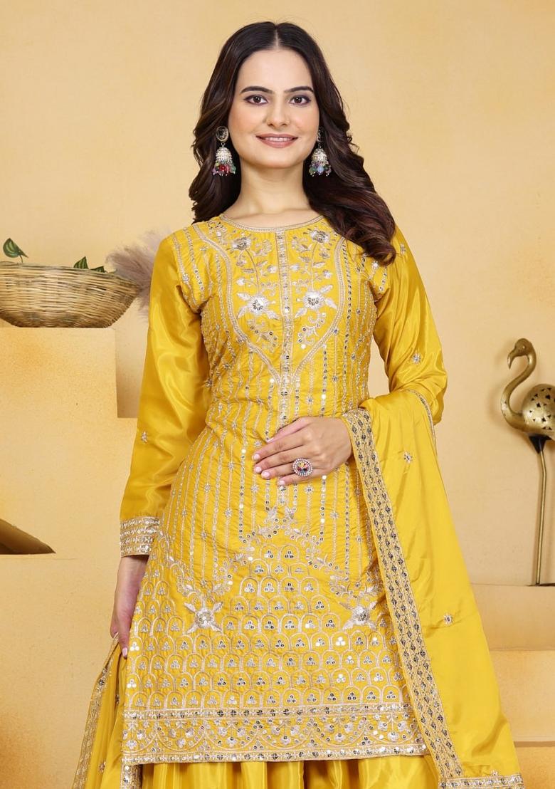 Yellow Sequin Work Natural Crepe Kurta Set - Indya
