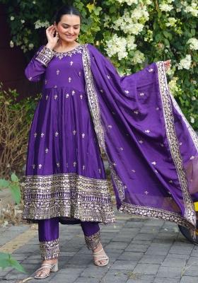 Purple Sequin Work Chinon Kurta Set