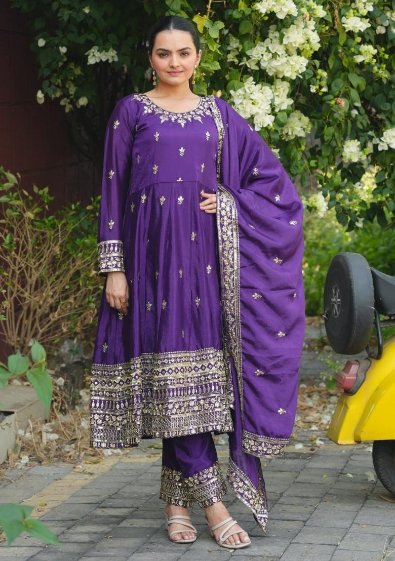 Purple Sequin Work Chinon Kurta Set - Indya