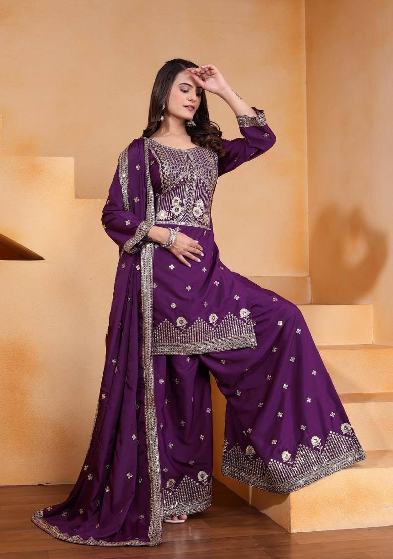 Wine Sequin Work Natural Crepe Kurta Set - Indya
