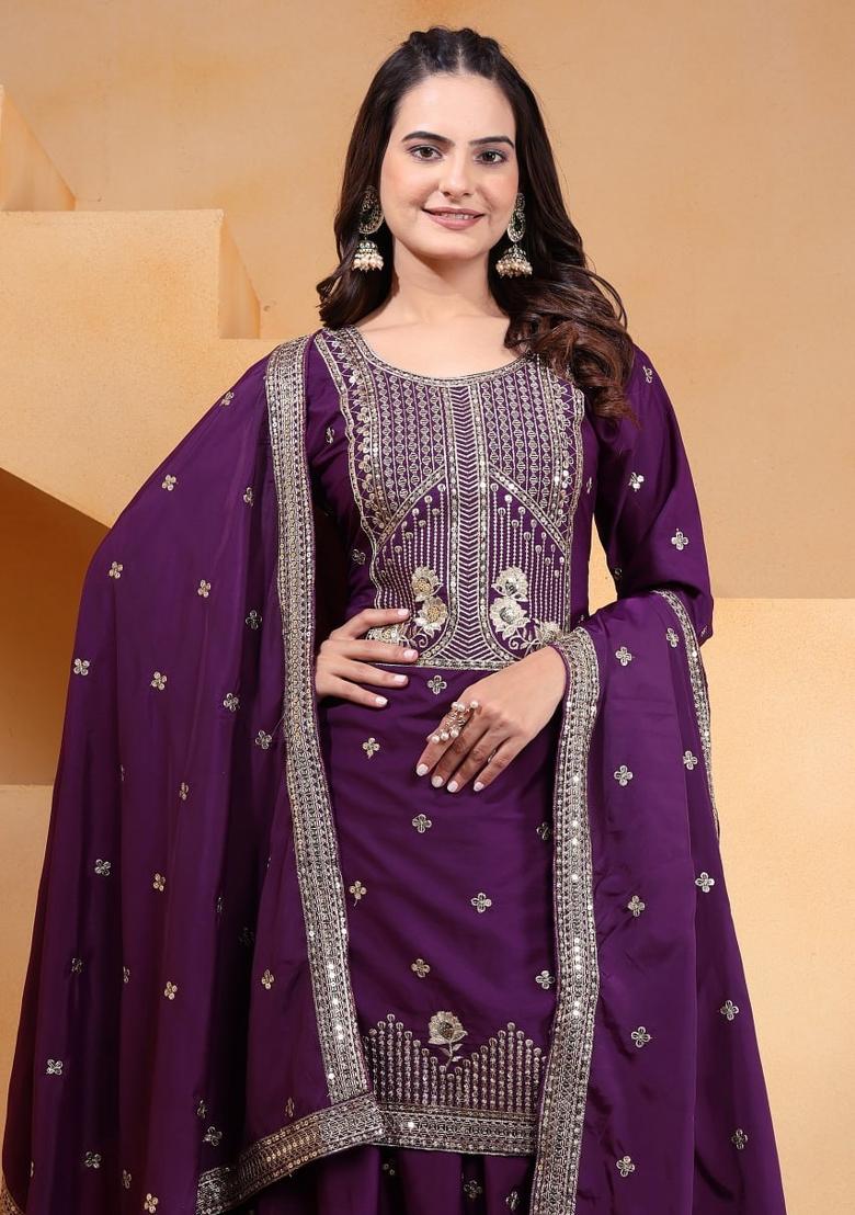 Wine Sequin Work Natural Crepe Kurta Set - Indya