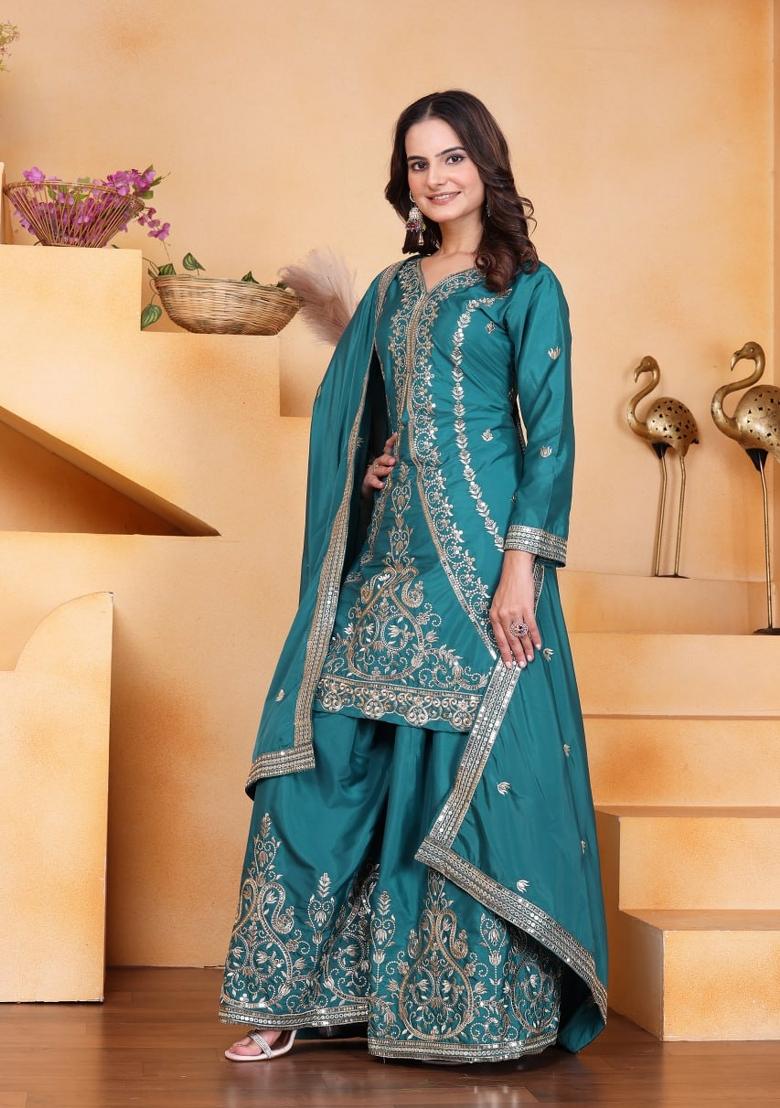 Pink Sequin Work Natural Crepe Kurta Set - Indya