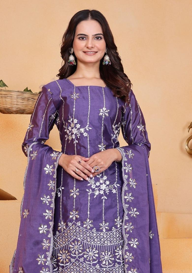 Purple Sequin Work Chinon Kurta Set - Indya