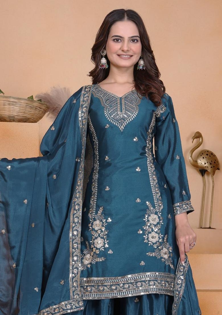 Blue Sequin Work Chinon Kurta Set - Indya
