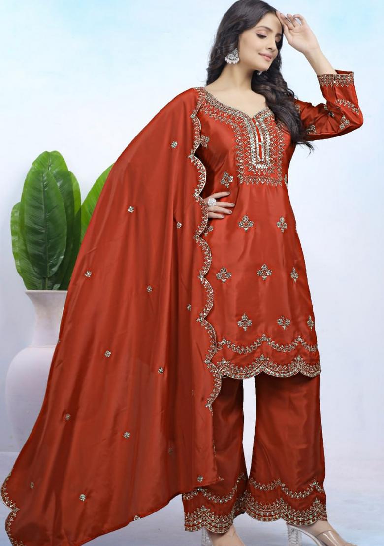 Pink Sequin Work Natural Crepe Kurta Set - Indya