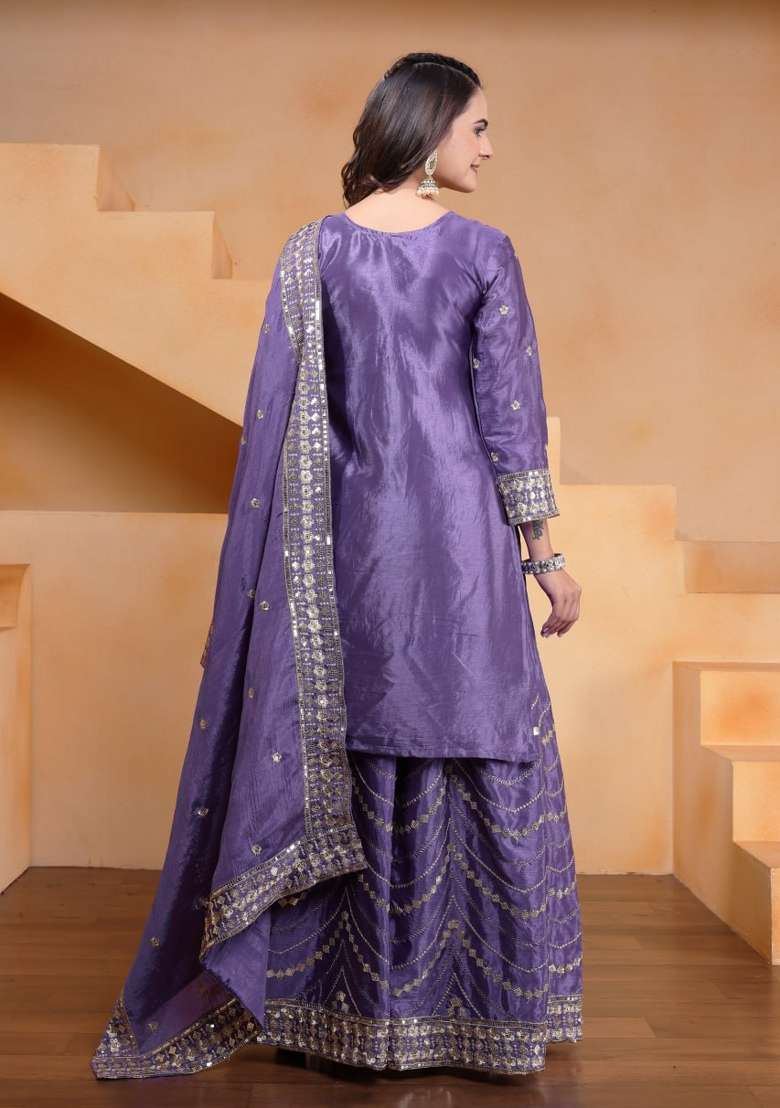Off White Sequin Work Chinon Kurta Set - Indya