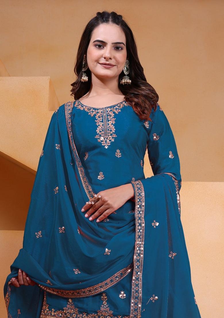 Mehendi Sequin Work Chinon Kurta Set - Indya