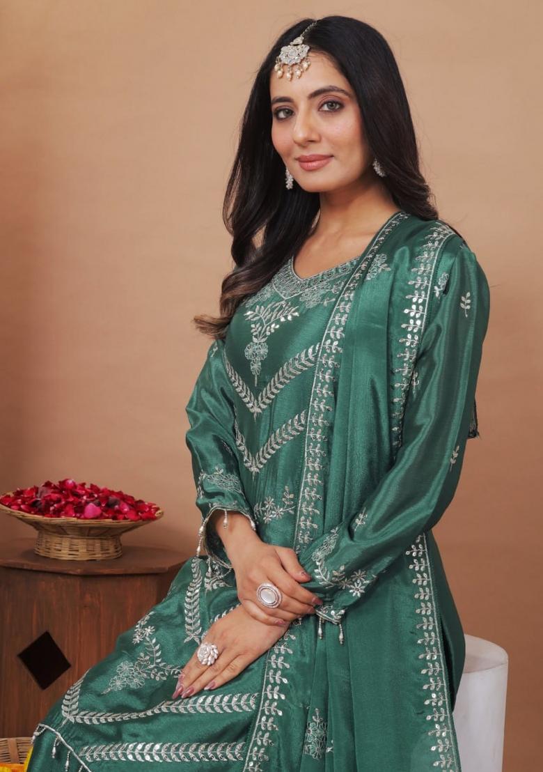 Multicolor Sequin Work Chinon Kurta Set - Indya