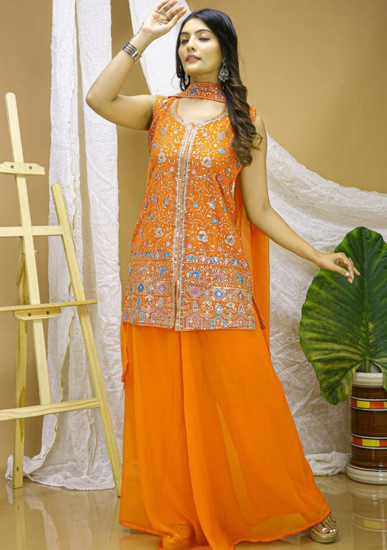 Black Sequin Work Georgette Kurta Set - Indya