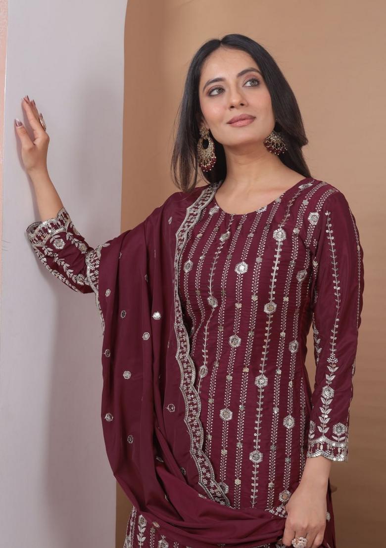Peach Sequin Work Natural Crepe Kurta Set - Indya