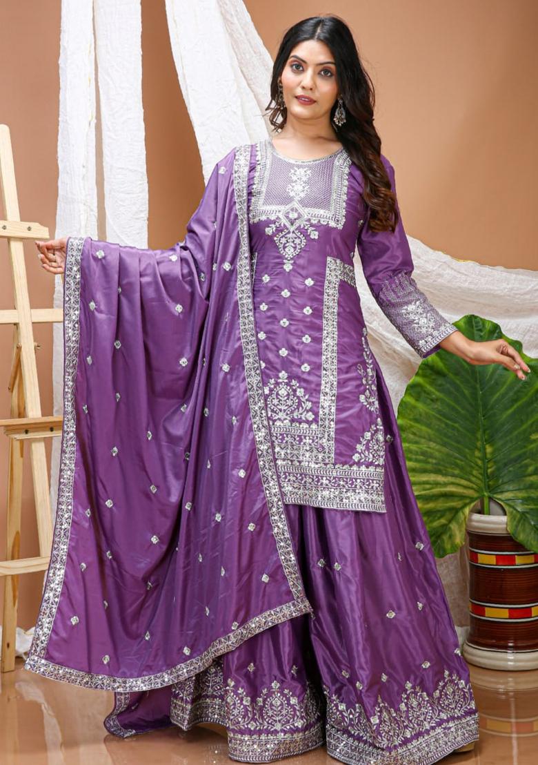 Sky Blue Sequin Work Natural Crepe Kurta Set - Indya