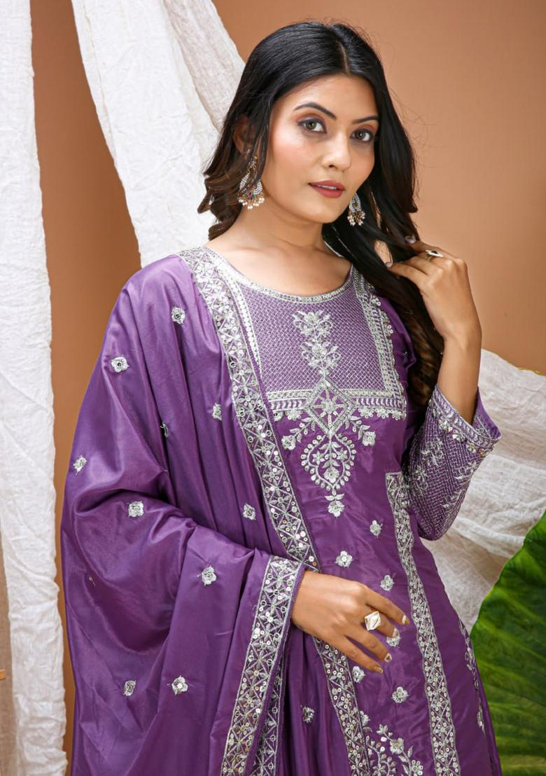 Sky Blue Sequin Work Natural Crepe Kurta Set - Indya