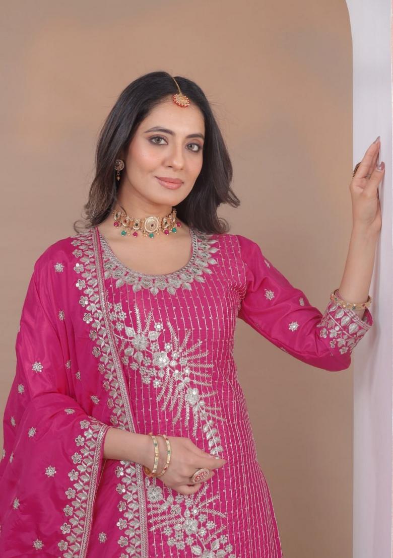 Light Grey Sequin Work Natural Crepe Kurta Set - Indya