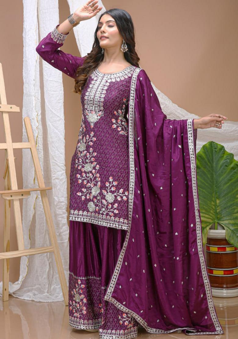 Light Purple Sequin Work Chinon Kurta Set - Indya