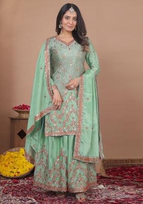 Lime Green Sequin Work Chinon Kurta Set