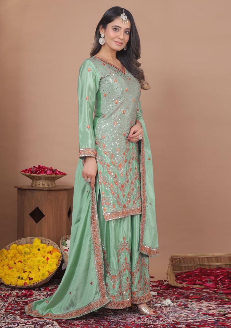 Lime Green Sequin Work Chinon Kurta Set - Indya