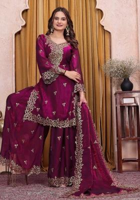 Cream Sequin Work Silk Kurta Set