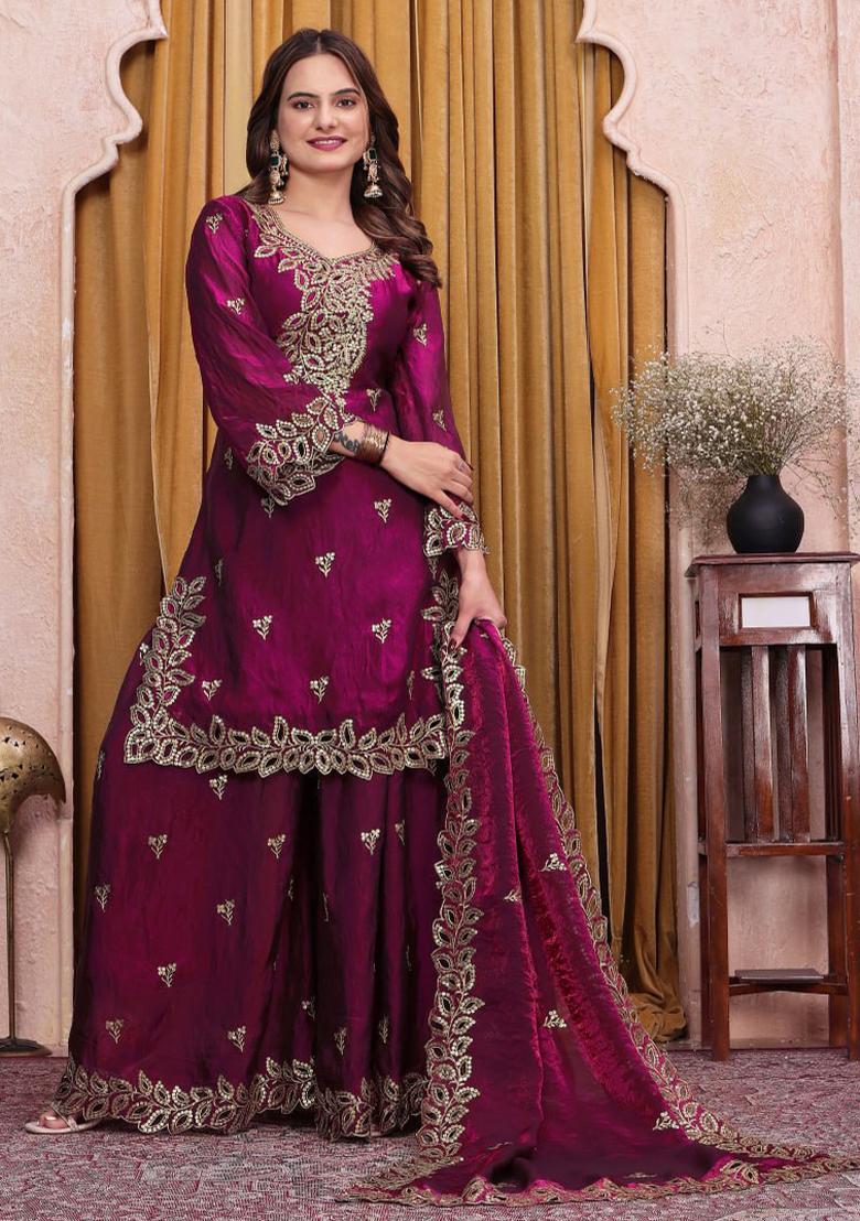 Cream Sequin Work Silk Kurta Set - Indya