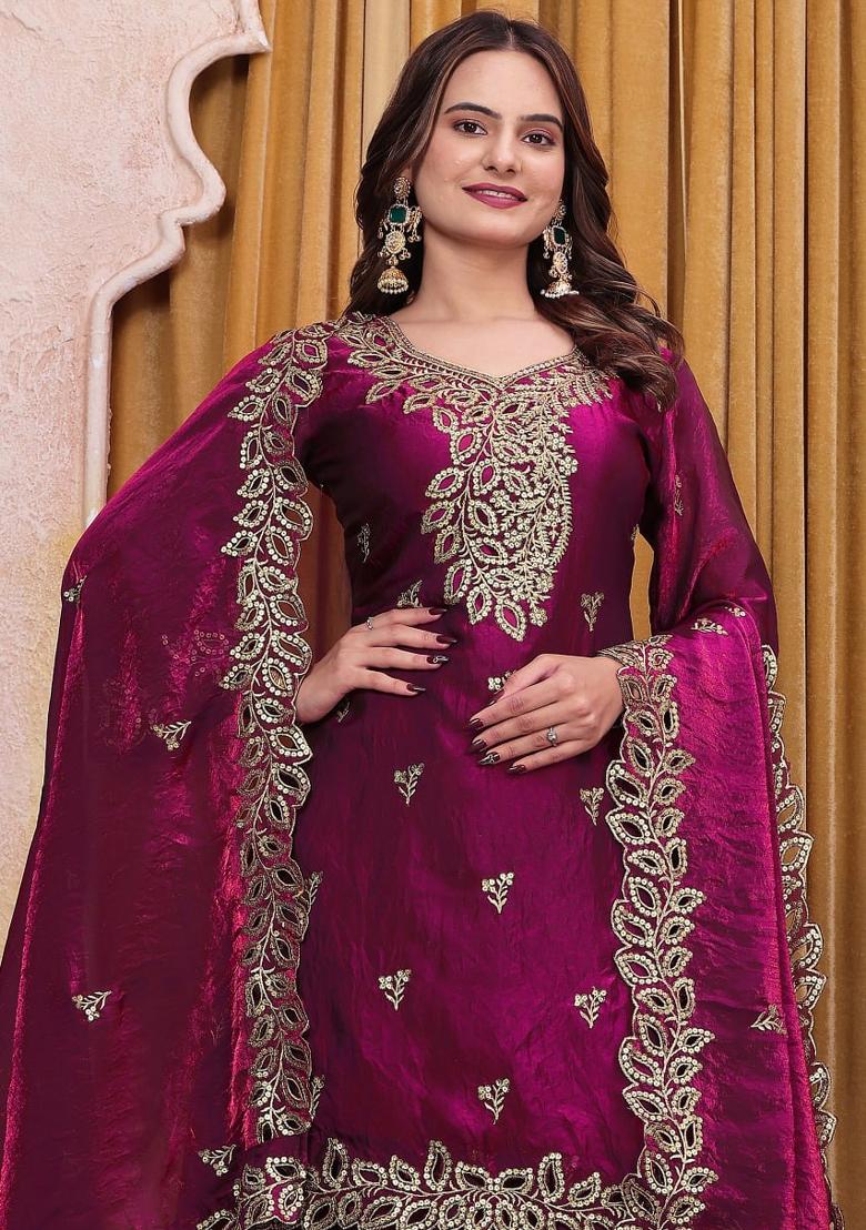 Cream Sequin Work Silk Kurta Set - Indya