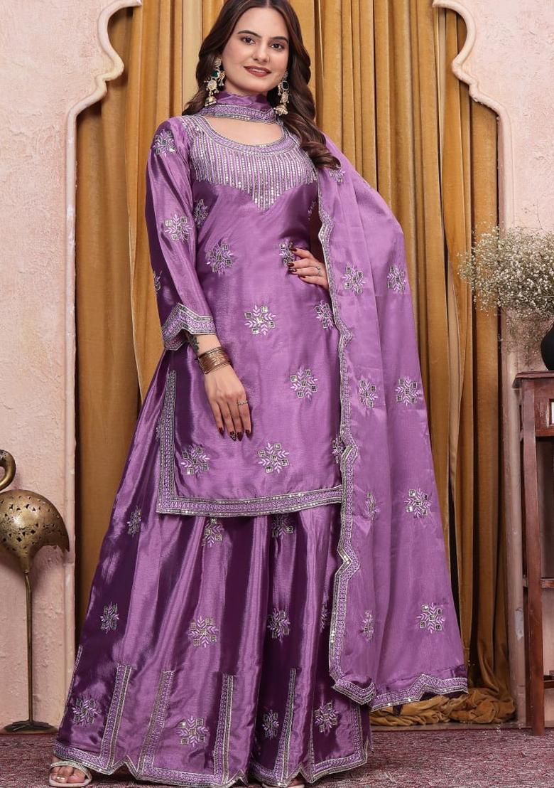 Dusty Pink Sequin Work Chinon Kurta Set - Indya