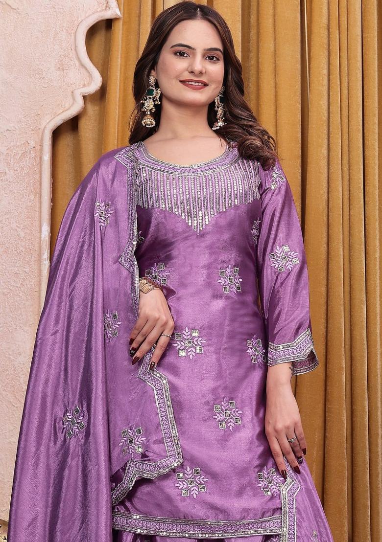 Dusty Pink Sequin Work Chinon Kurta Set - Indya