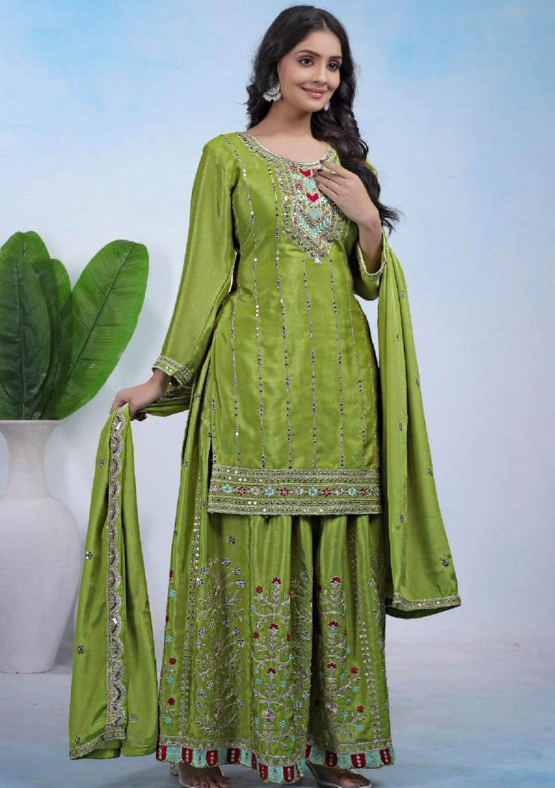 Blue Sequin Work Chinon Kurta Set - Indya