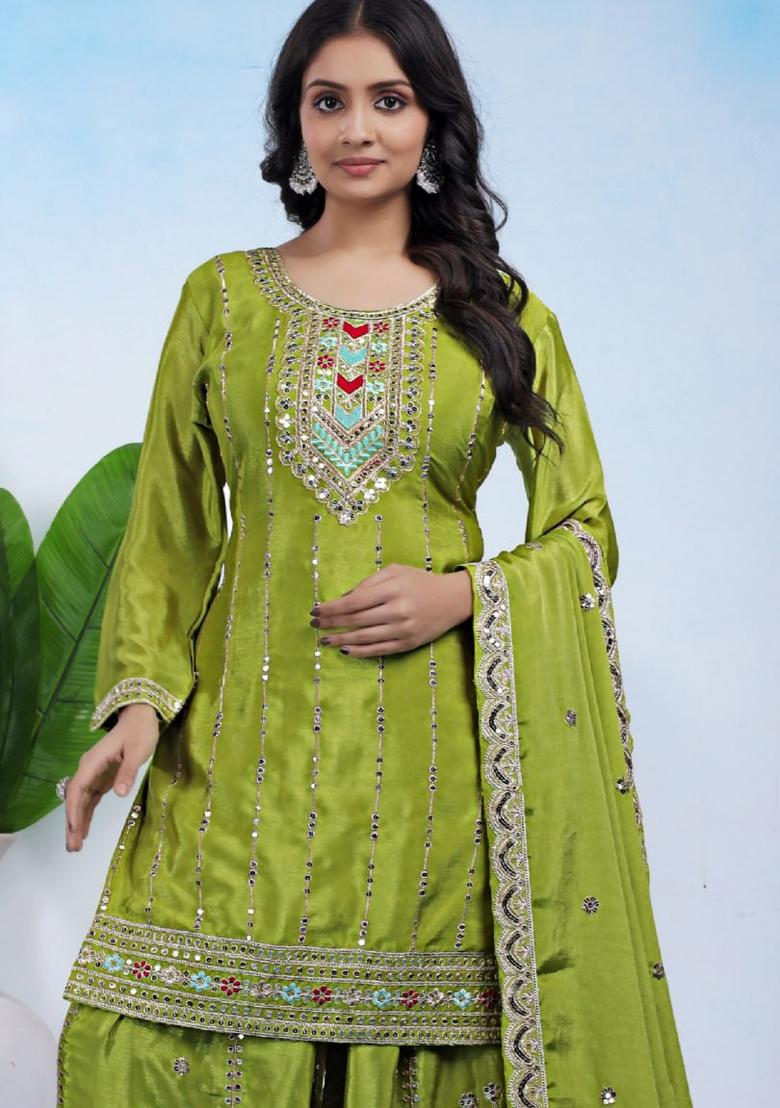 Blue Sequin Work Chinon Kurta Set - Indya