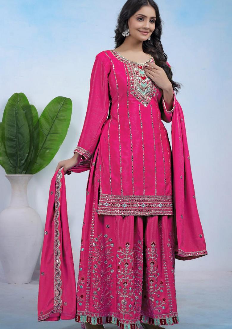 Blue Sequin Work Chinon Kurta Set - Indya