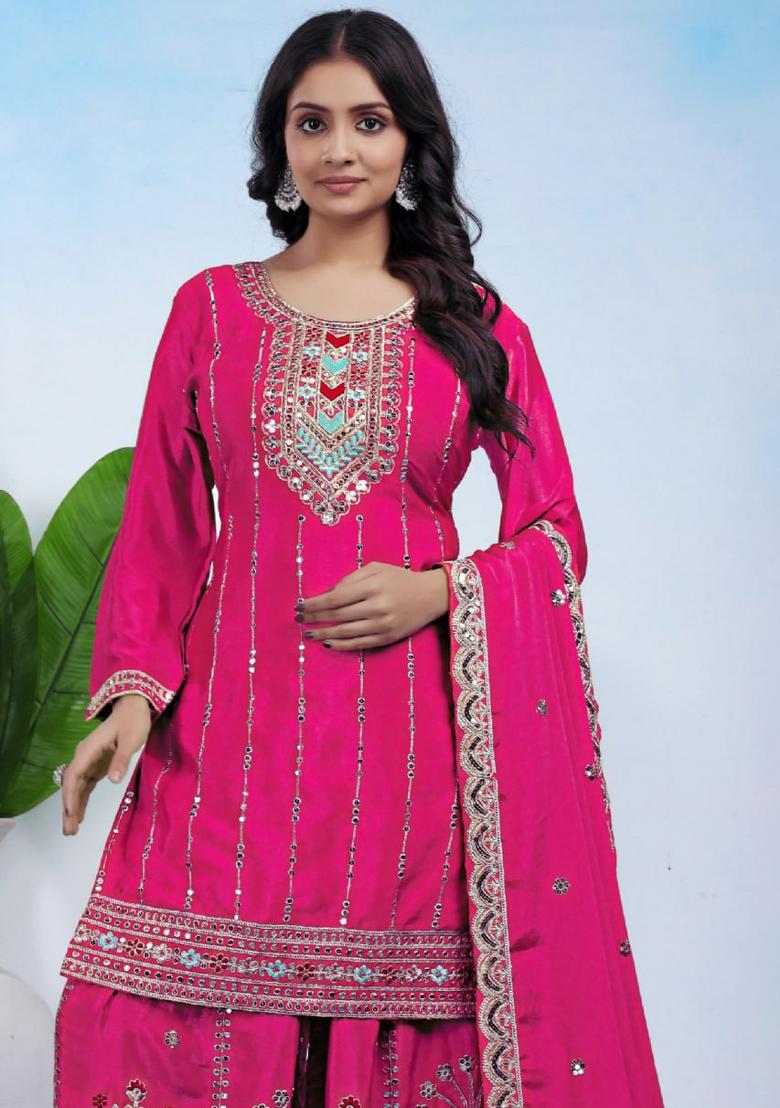 Blue Sequin Work Chinon Kurta Set - Indya