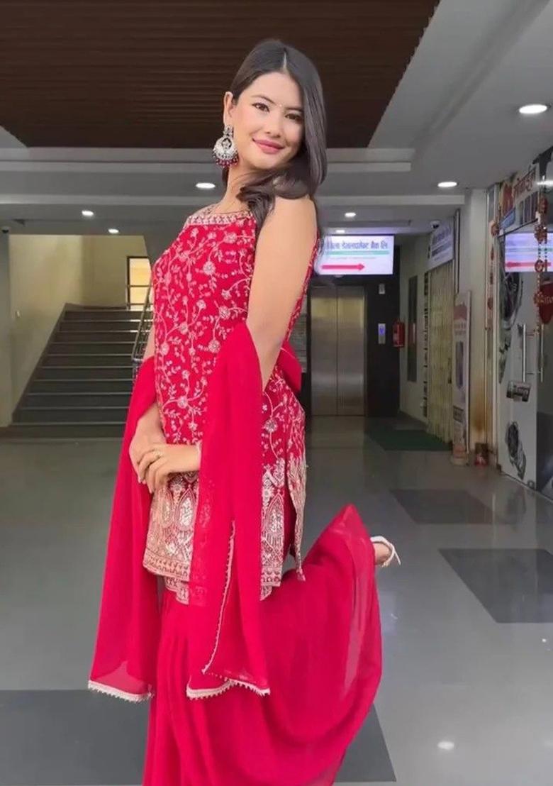 Pink Sequin Work Georgette Kurta Set - Indya