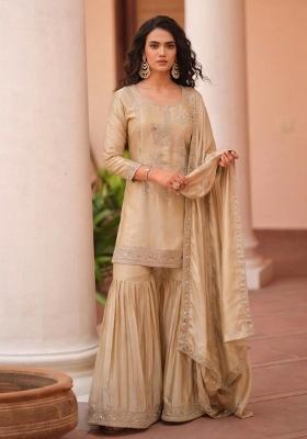 Peach Sequin Work Satin Kurta Set