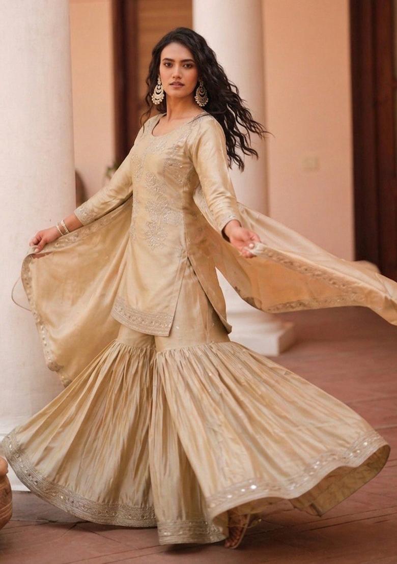 Peach Sequin Work Satin Kurta Set - Indya