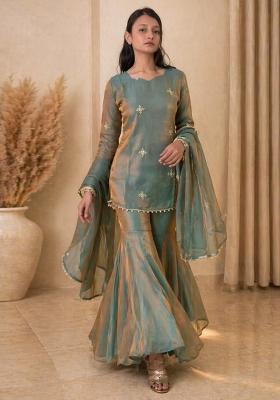 Green Sequin Work Silk Kurta Set