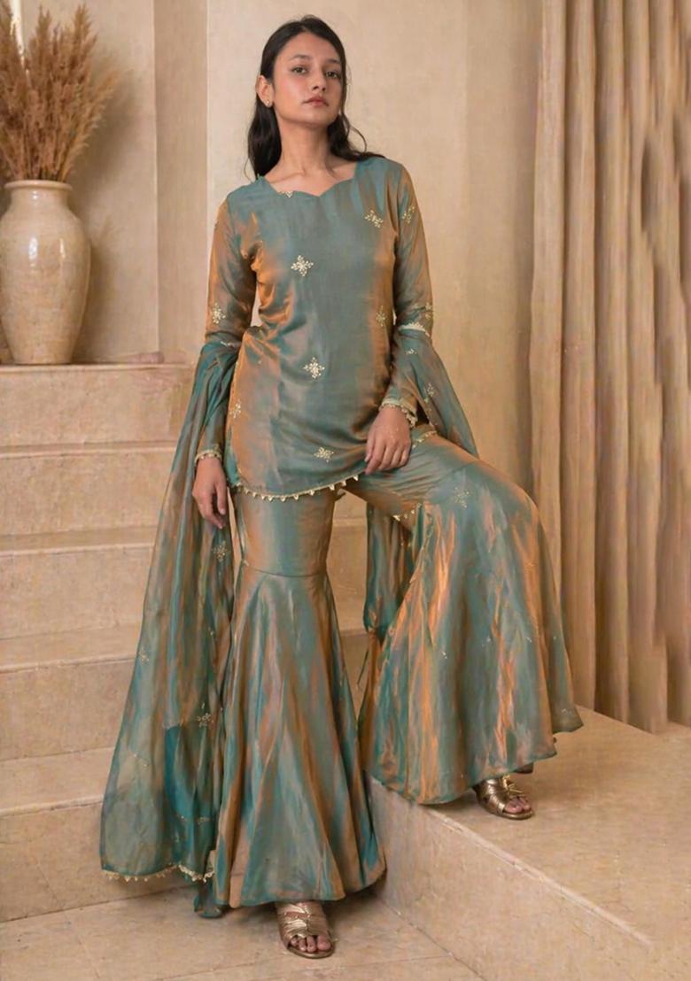 Green Sequin Work Silk Kurta Set - Indya