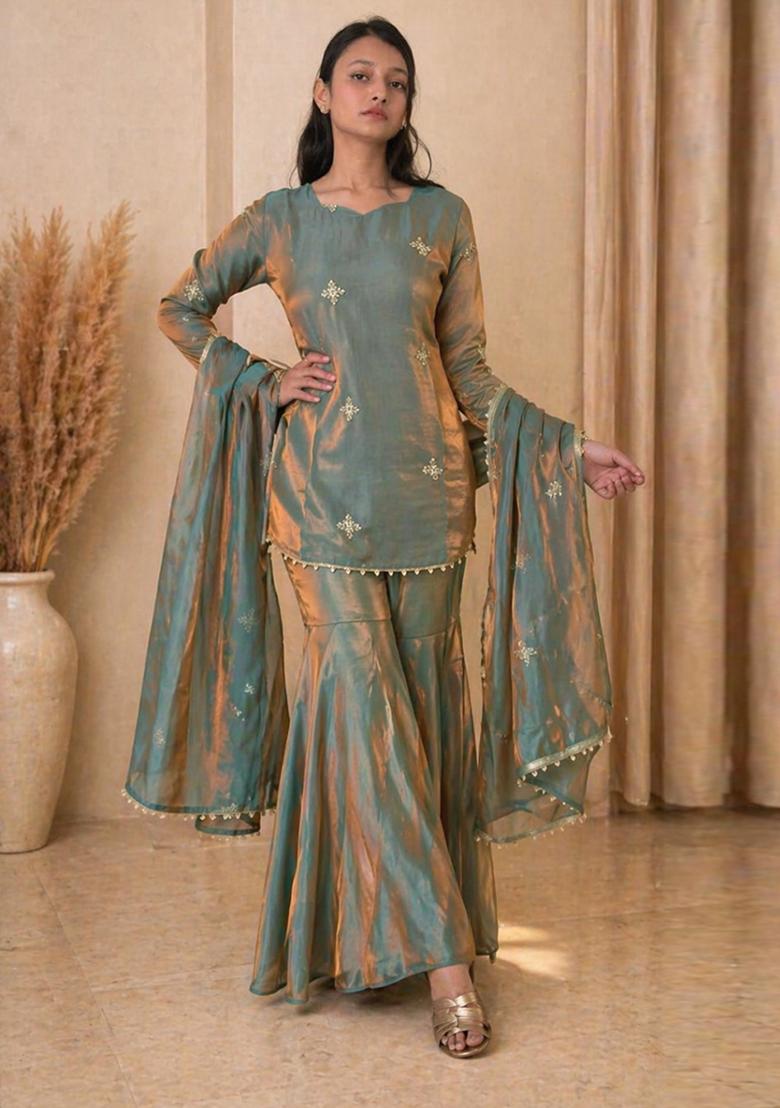 Green Sequin Work Silk Kurta Set - Indya