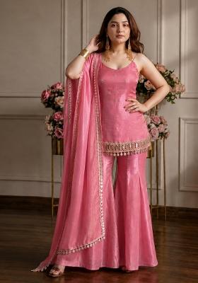 Baby Pink Sequin Work Silk Kurta Set