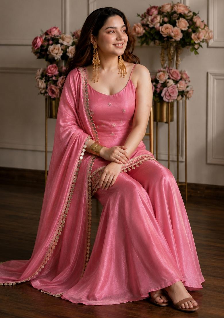 Baby Pink Sequin Work Silk Kurta Set - Indya