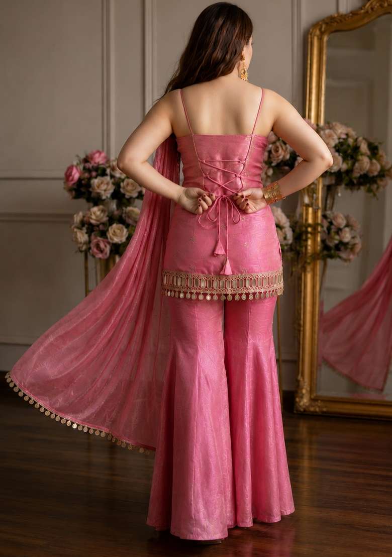 Baby Pink Sequin Work Silk Kurta Set - Indya