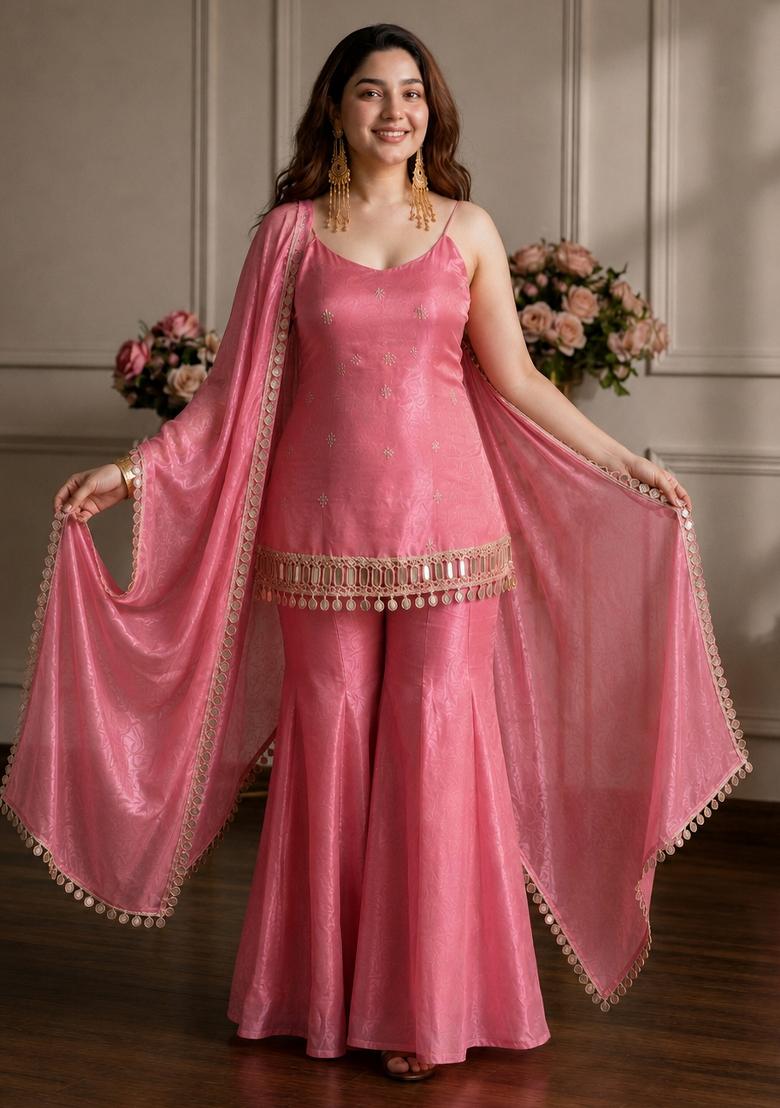 Baby Pink Sequin Work Silk Kurta Set - Indya