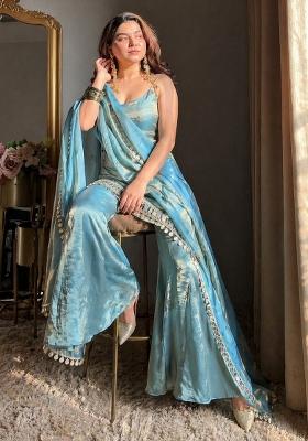 Sky Blue Sequin Work Silk Kurta Set