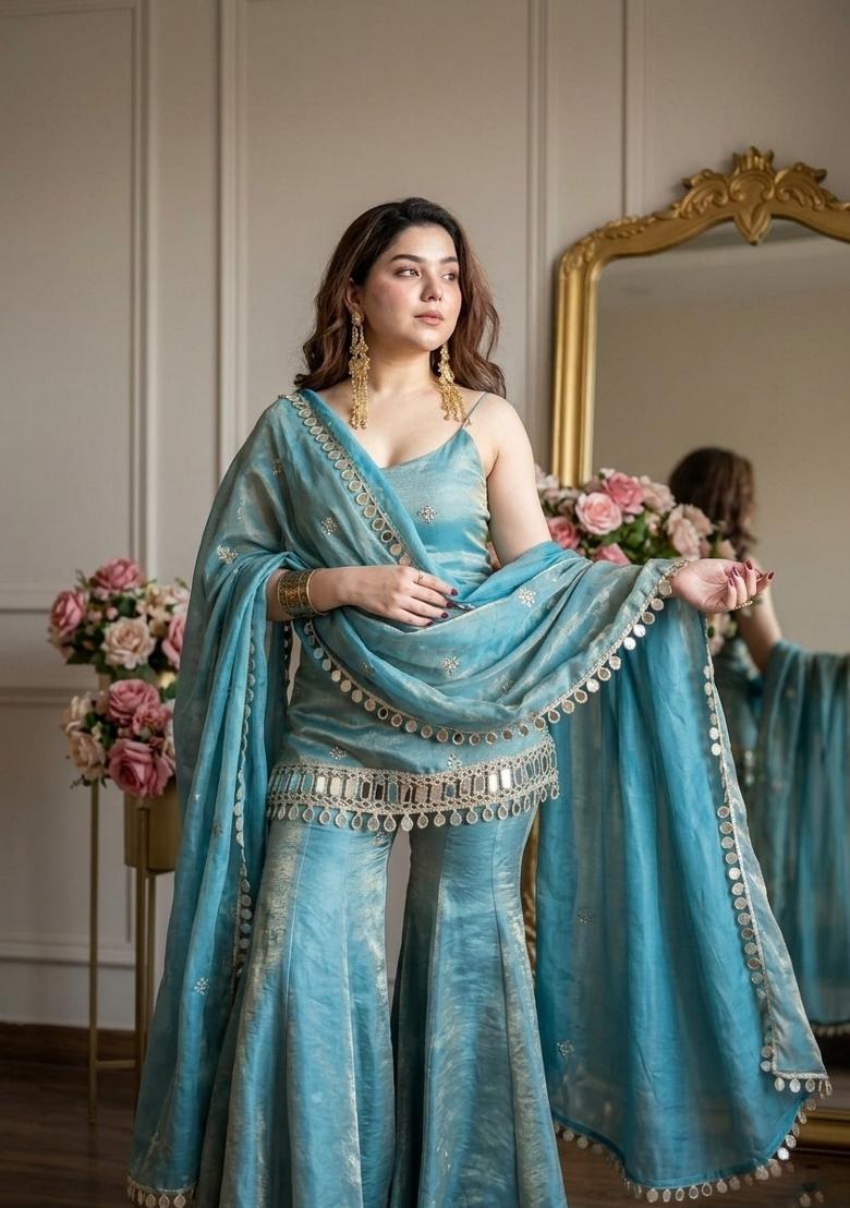 Sky Blue Sequin Work Silk Kurta Set - Indya