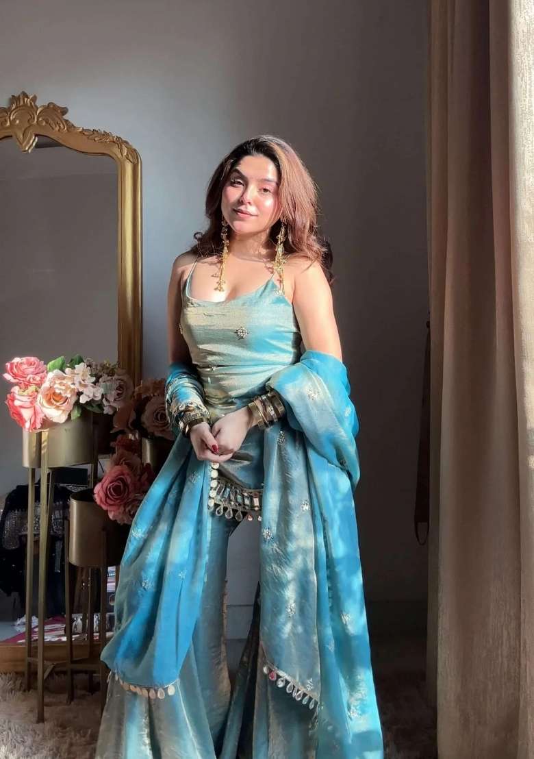 Sky Blue Sequin Work Silk Kurta Set - Indya