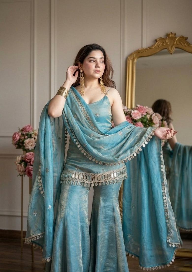 Sky Blue Sequin Work Silk Kurta Set - Indya