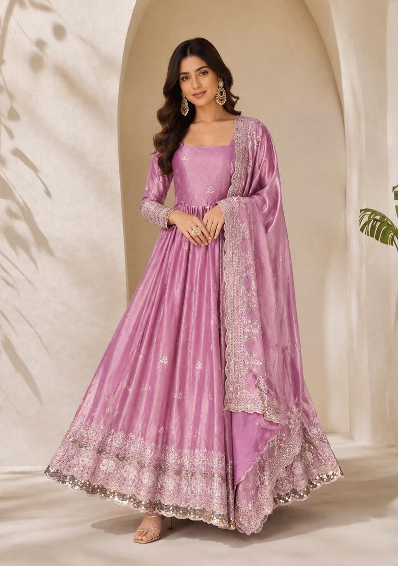 Baby Pink Sequin Work Silk Anarkali With Dupatta - Indya