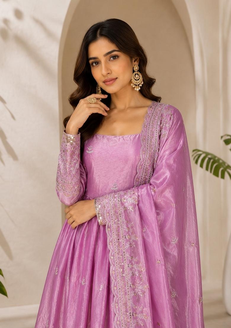 Baby Pink Sequin Work Silk Anarkali With Dupatta - Indya