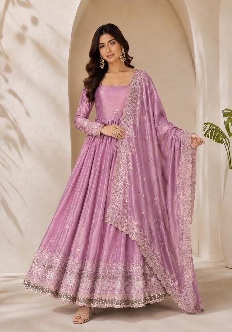 Baby Pink Sequin Work Silk Anarkali With Dupatta